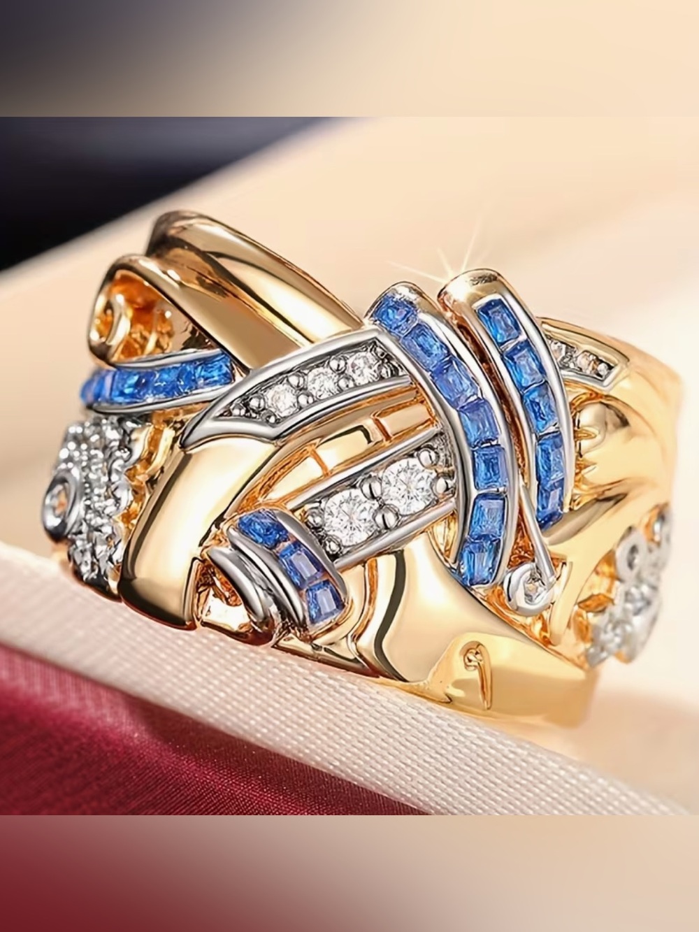 Elegant Gold Tone Blue & White Stone Statement Ring, - Picture 3 of 5